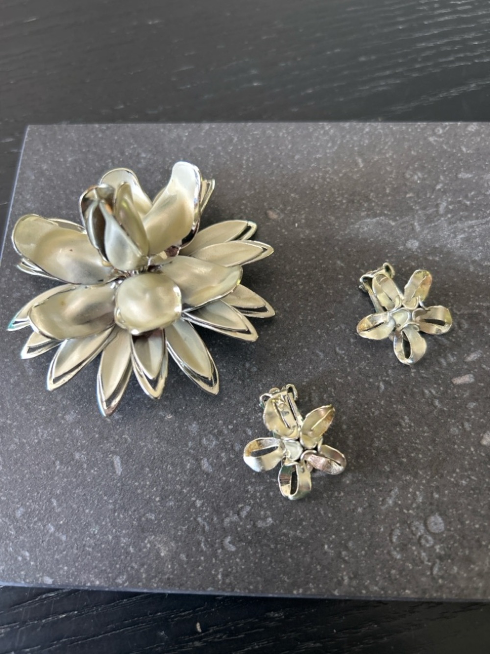 Vintage CORO Silver Tone Flower Brooch & Clip-On Earrings Set